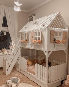 a child's bedroom with bunk beds and stairs