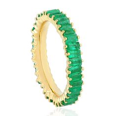 Modern style Gemstone jewelry. This Band Ring is made of gold Emerald material and is capable of reflecting some light to produce a natural glow. A unique feature found only in premium jewelry This Ring is handmade in 18k Yellow Gold : 4. 254 grams , and Emerald : 1. 97 cts (ING-8529)  This jewelry is made by hand featuring detailed workmanship. Be careful to avoid dropping or banging as physical impacts can result in damage to the pieces including stones falling off. To care for your or jewelry, take caution to keep away from harsh chemicals, Perfume, and Water. You may wipe with a clean polishing cloth to maintain a beautiful shine. Keep in mind that extensive exposure to saltwater, sunlight or harsh chemicals can permanently damage your handmade jewelry. When not in use, keep your jewel Luxury Emerald Ring With Halo, Luxury Yellow Gold Stackable Emerald Ring, Luxury Stackable Yellow Gold Emerald Ring, Luxury Gold Emerald Stackable Ring, Luxury Gold Stackable Emerald Ring, Luxury Stackable Emerald Ring, Fine Jewelry With Baguette Gemstones, Yellow Gold Stackable Baguette Cut Jewelry, Gold Emerald Ring With Rectangular Stone