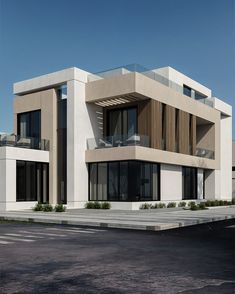 an architectural rendering of a modern building with balconies on the second floor and third story