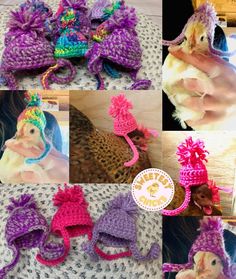 there are many pictures of different hats made to look like animals in crochet