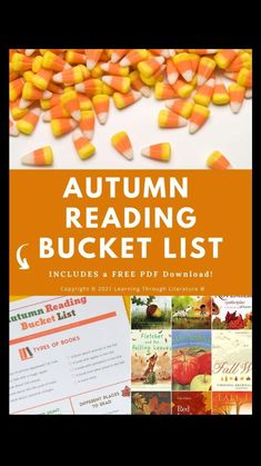 an autumn reading bucket list with pumpkins and candy corn on the top, and text overlay