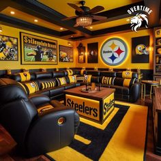 a sports themed living room with couches and tables