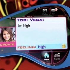 a woman's face is shown on the screen of a cell phone that says, tori vega i'm high