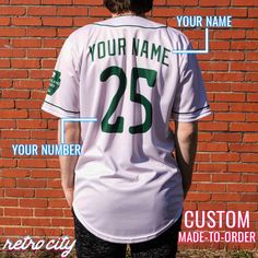 the back of a baseball jersey that says your name, your number, and custom made to order