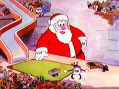 a cartoon santa clause is playing with his toys