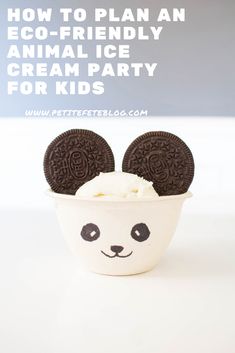 an ice cream bowl with cookies in it and the words how to plan an eco - friendly animal ice cream party for kids