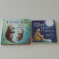 two children's books sitting next to each other on a white counter top,