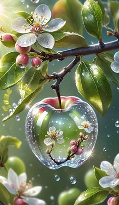 an apple hanging from a tree branch with water bubbles floating on it's leaves