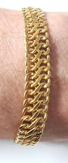 Vintage 14K yellow gold flattened Cuban chain bracelet lot. ~ 7-1/4" total length x ~9 mm W. Stamped "B&M 14K ITALY" on end tabs and "585" on lobster claw.  We do not extensively clean and/or polish our jewelry or sterling silver, only light buffing with a cloth; leaving that to the discretion of our buyers. Size and dimensions are APPROXIMATE to the best of our ability. Vintage condition as in photos. See photos with ruler and coin for size references and all photos for actual conditions. May h Cuban Chain Bracelet, Gold Flats, Cuban Chain, Cuban Link, Chain Link Bracelet, Chain Styles, Spring Rings, Lobster Claw, Chain Bracelet