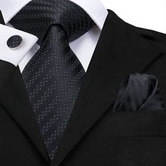 Black Polka Dot Striped Mens's Tie Pocket Square Cufflinks Set – ties2you Classic Father's Day Pocket Square, Black Tie With Pocket Square For Business, Black Formal Pocket Square, Dapper Black Tie With Pocket Square, Black Semi-formal Ties With Pocket Square, Black Pocket Square For Formal Occasions, Classic Black Pocket Square For Business, Black Pocket Square For Father's Day, Black Dapper Suit And Tie Accessories For Business