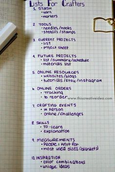 a list of lists for crafters on top of a notepad next to a pen