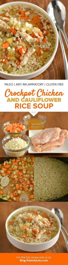 the recipe for crockpot chicken and rice soup is shown in three different pictures