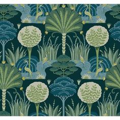 a blue and green wallpaper with trees, plants and water lilies on it