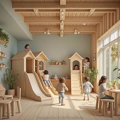 two children playing in a play room with wooden furniture and indoor climbing equipment, while another child plays on the slide