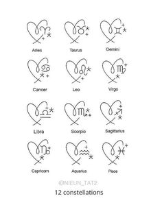 twelve zodiac signs in the shape of hearts with names and symbols for each zodiac sign