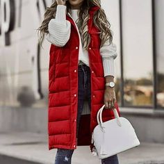 16 Winter Outfit Ideas with Red » Lady Decluttered Long Down Vest, Puffer Jacket Women, Plus Size Coats, Female Girl, Down Vest, Dress And Heels, Autumn Fashion Women, Womens Fall