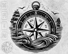 a black and white drawing of a compass in the middle of water with waves around it