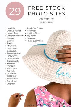 a woman wearing a hat with the words free stock photo sites below