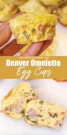 an egg cup is being held up with the words denver omelette egg cups