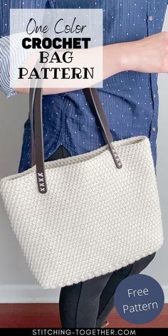 a woman holding a white bag with text overlay that says one clever crochet bag pattern