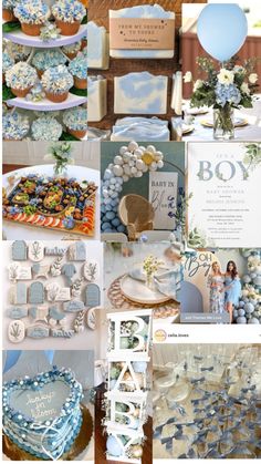 a collage of blue and white desserts, cupcakes, and other items