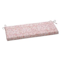 a red and white checkered bench cushion on a white background with an attached cord