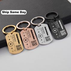 four different styles of key chains with qr code printed on them and the words ship same day