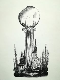 a black and white drawing of a tall tower with trees on it's side