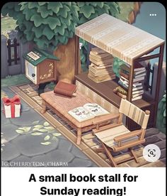 a painting of a book store with books on the ground and a bench in front of it