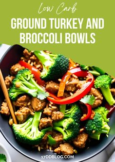 a bowl filled with ground turkey and broccoli, topped with red bell peppers