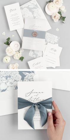 the wedding stationery is laid out on top of each other