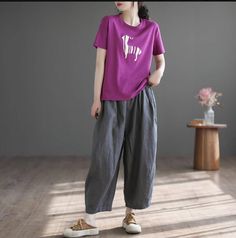 Details: Gender: Women Item Type: Pants Material: Linen Season: Spring, Autumn Pattern: Solid Style: Casual, Loose, Retro Waist Type: Elastic Waist Size: One Size Waist: 74.00 - 104.00 cm/ 29.13 - 40.94 " Length: 87.00 cm/ 34.25 " Hip: 134.00 cm/ 52.76 " Thigh: 82.00 cm/ 32.28 " Casual Purple Harem Pants For Summer, Purple Cotton Wide Leg Pants For Spring, Casual Baggy Purple Pants, Casual Purple Straight Pants, Purple Cotton Pants For Summer, Casual Purple Wide Leg Harem Pants, Casual Purple Cargo Pants, Casual Purple Relaxed Fit Pants, Casual Wide-leg Purple Pants