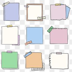 several different colored papers on a white background with clippings for notes, notepads