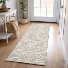 a door way with a rug on the floor and potted plant next to it