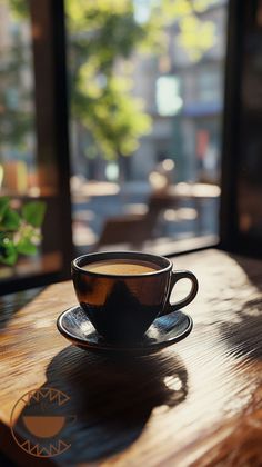 a cup of coffee sitting on top of a wooden table