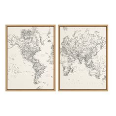 two framed maps of the world in black and white