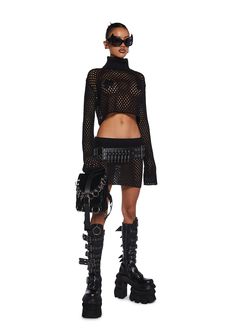 In a stretchy sheer open knit construction. With a foldover waistband and a ribbed design. Halloween Costume Boots, Maxi Skirt Fall, Costume Boots, Punk Pants, Dark In Love, Knit Mini Skirt, Booties Outfit, Fish Net, Pride Outfit