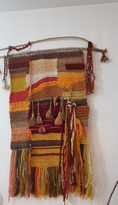 a wall hanging made out of different colored yarns and tassels on a white wall