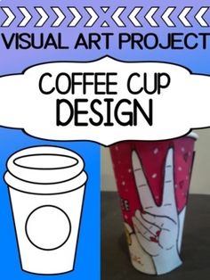 a coffee cup is shown with the word visual art project on it and an image of a hand making a peace sign