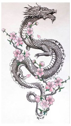 a drawing of a dragon with pink flowers on it's body and head in the shape of a snake