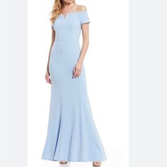 Calvin Klein Formal Gown - Pale Blue - Off The Shoulder - Optional Padding In Chest - Lined - Full Length - Zippered Closure On Back - Size 10 - New With Tags - Retail $199 Light Blue Fitted Gown For Formal Occasions, Formal Fitted Light Blue Maxi Dress, Fitted Light Blue Gown For Formal Occasions, Light Blue Fitted Formal Gown, Elegant Calvin Klein Formal Maxi Dress, Calvin Klein Blue Evening Dress, Calvin Klein Blue Formal Dress, Double Layer Dress, Wrap Shirt Dress