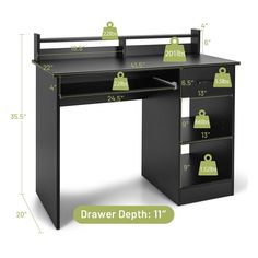 a desk with measurements for the drawers