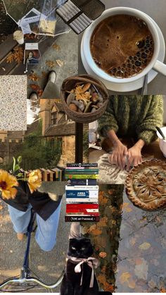 a collage of photos with coffee, pies and books