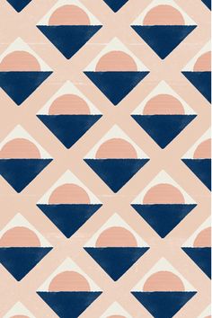 an abstract geometric pattern with blue, pink and white shapes on a peach colored background