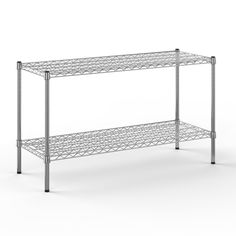 a metal shelf with two shelves on each side and one shelf below it, against a white background