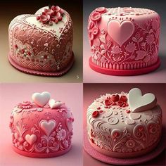 four different images of pink cakes with hearts on the top and bottom one is decorated in white