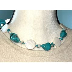 Turquoise & Mother Of Pearl Necklace -- 18". A Sweet Necklace With That Southwestern Style! Necklace Has Large Stones Of Turquoise, Mother-Of-Pearl, With A Silver-Tone Lobster Claw Clasp. Measurements: Length: 18"; Extender: 4" Adjustable White Turquoise Necklace With Natural Stones, White Turquoise Necklace With Natural Stones, Adjustable, White Turquoise Bohemian Necklace, Adjustable Round Turquoise Beaded Necklaces, Adjustable Turquoise Necklace, Southwestern Style Blue Necklace For Beach, Southwestern Blue Beach Necklace, Blue Southwestern Style Beach Necklace, Southwestern Style Blue Beach Necklace