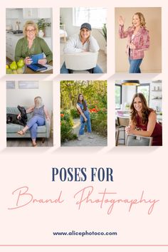 some people are posing for pictures with their dogs and cats in the background text reads poses for brand photography