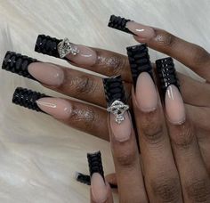 Simple Nail Ideas Black Women, Sweet 16 Nails Black, Prom Black Nails, Crome Nails Square, Black Nails Red Bottoms, Black Medium Nails, Black French Tip Nails With Rhinestones, Black Croc Nails