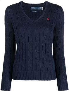 Kimberly Polo Pony cable-knit jumper from POLO RALPH LAUREN featuring navy blue, cotton, ribbed detailing, cable knit, signature Polo Pony motif, V-neck, long sleeves and straight hem. Ralph Lauren Jumper, Polo Pony, Cable Knit Jumper, Polo Sweater, Ralph Lauren Outfits, Baggy Pants